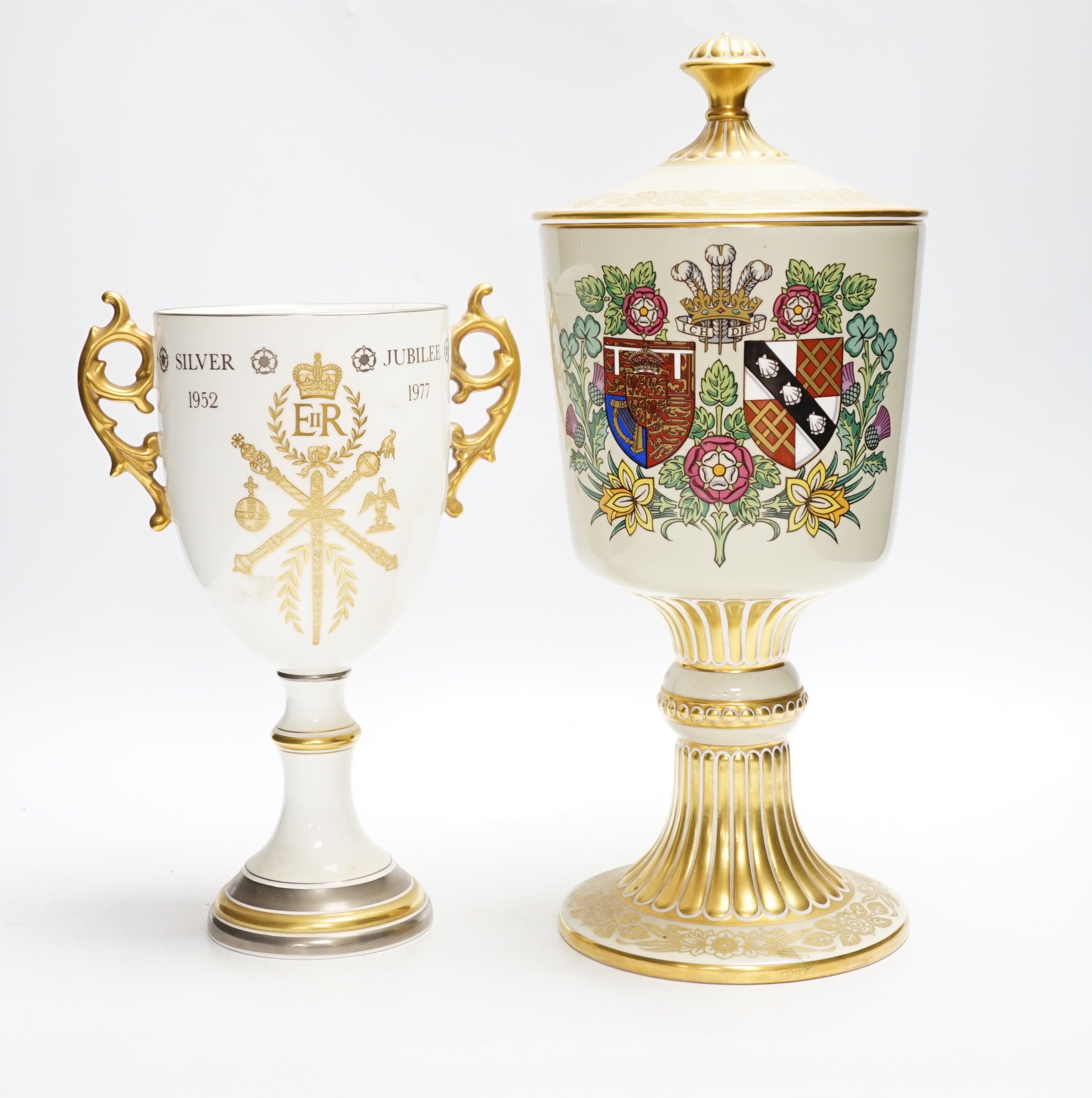 A boxed Spode Charles and Diana commemorative lidded chalice and a chalice for the 1977 Silver Jubilee, tallest 32cm